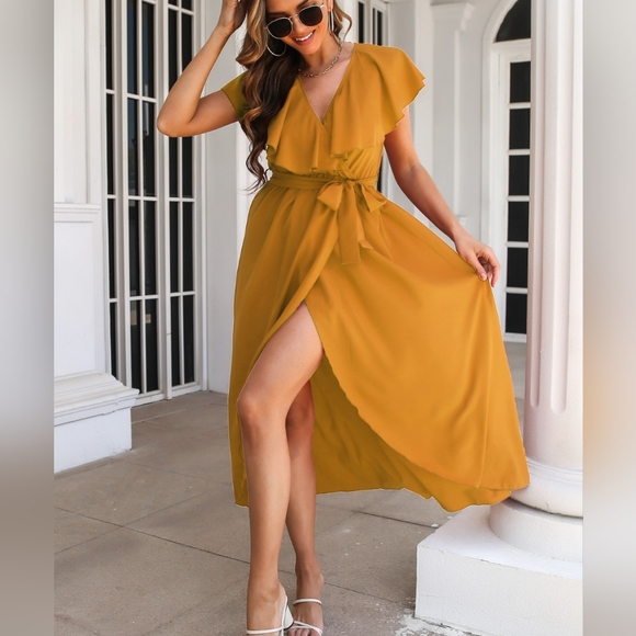 Romantic Ruffled Midi Dress with Wrap Silhouette and Slit - Picture 5 of 7